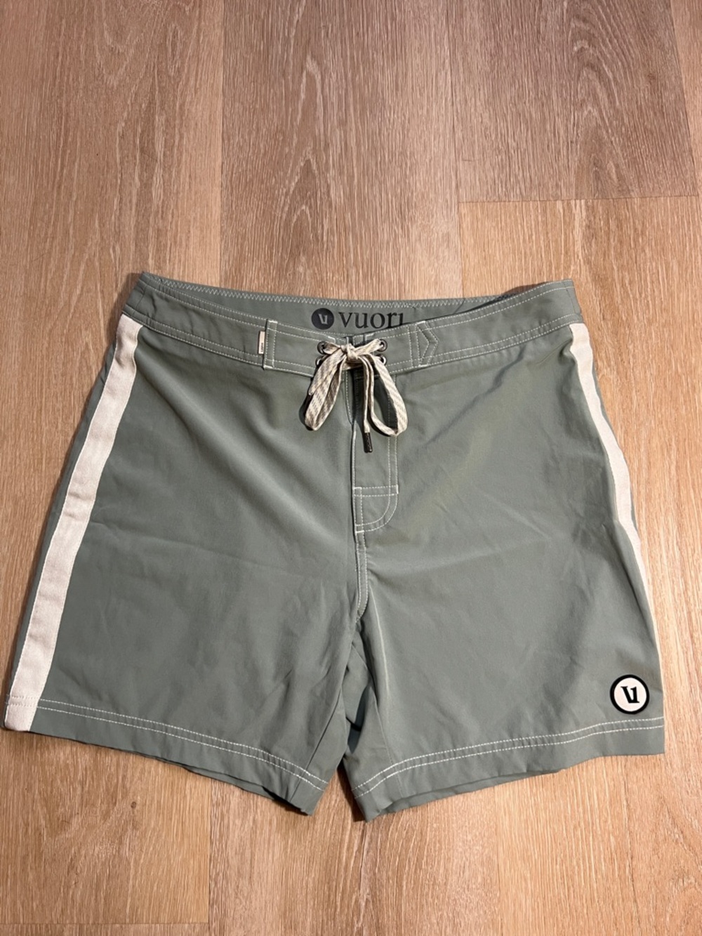 Vuori Olive Green Swim Board Shorts with White Side Stripes